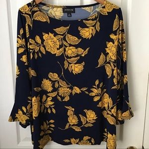 LIZ CLAIBORNE: Navy Blue yellow flower top 2X